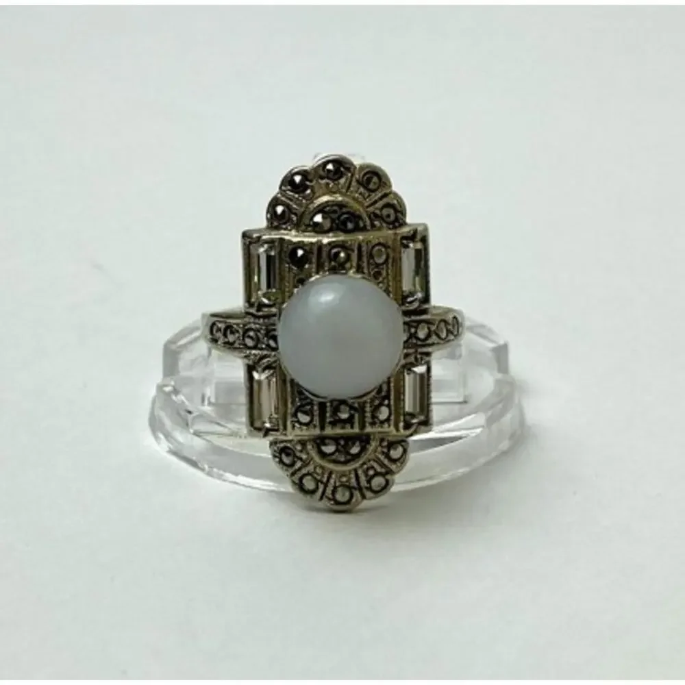 Vintage 925 Sterling Silver Agate, Goshenite & Marcasites Ring Size 5.5